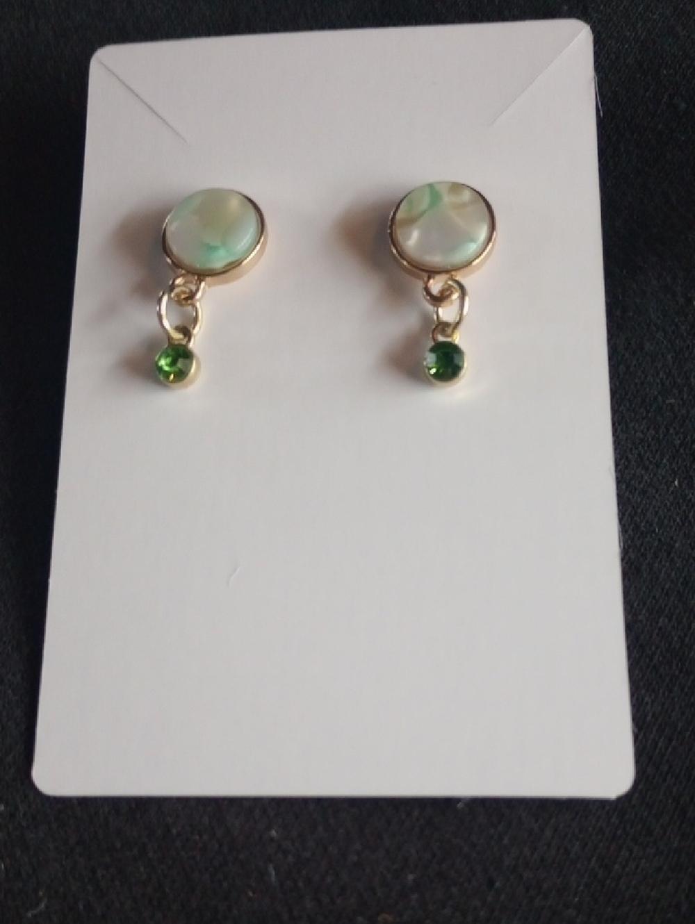 Hand Crafted Gold-Tone Earrings with Iridescent Cabochon and Green Drop